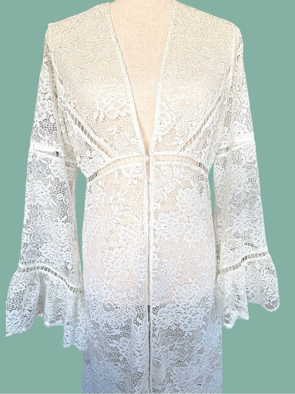 Curation Ivory Sheer Lace Heirloom Maxi S Pagoda Sleeve Festival Duster Top - Picture 2 of 12